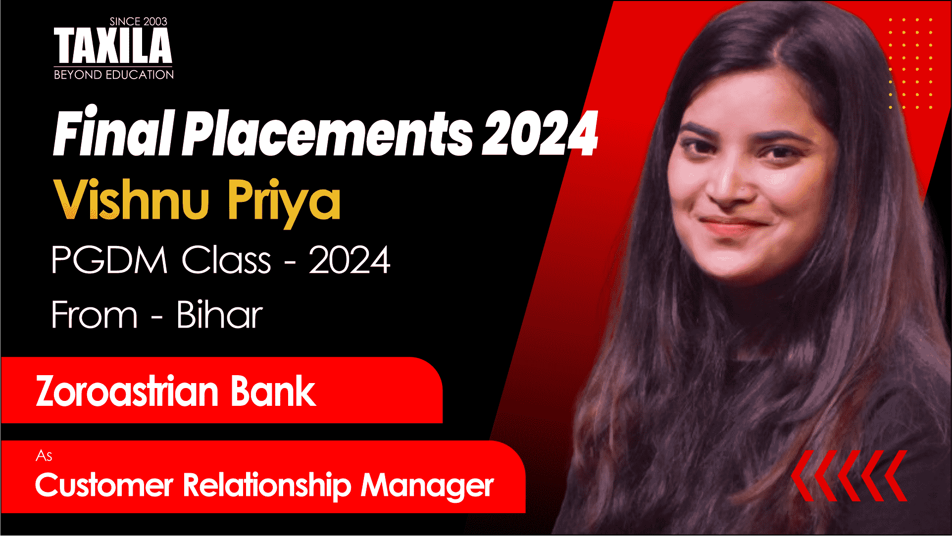 Vishnu Priya Placed at Zoroastrian Bank | Student (2022-2024) at Taxila Business School
       