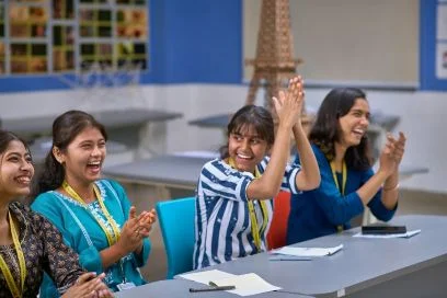 Students collaborating at a table
